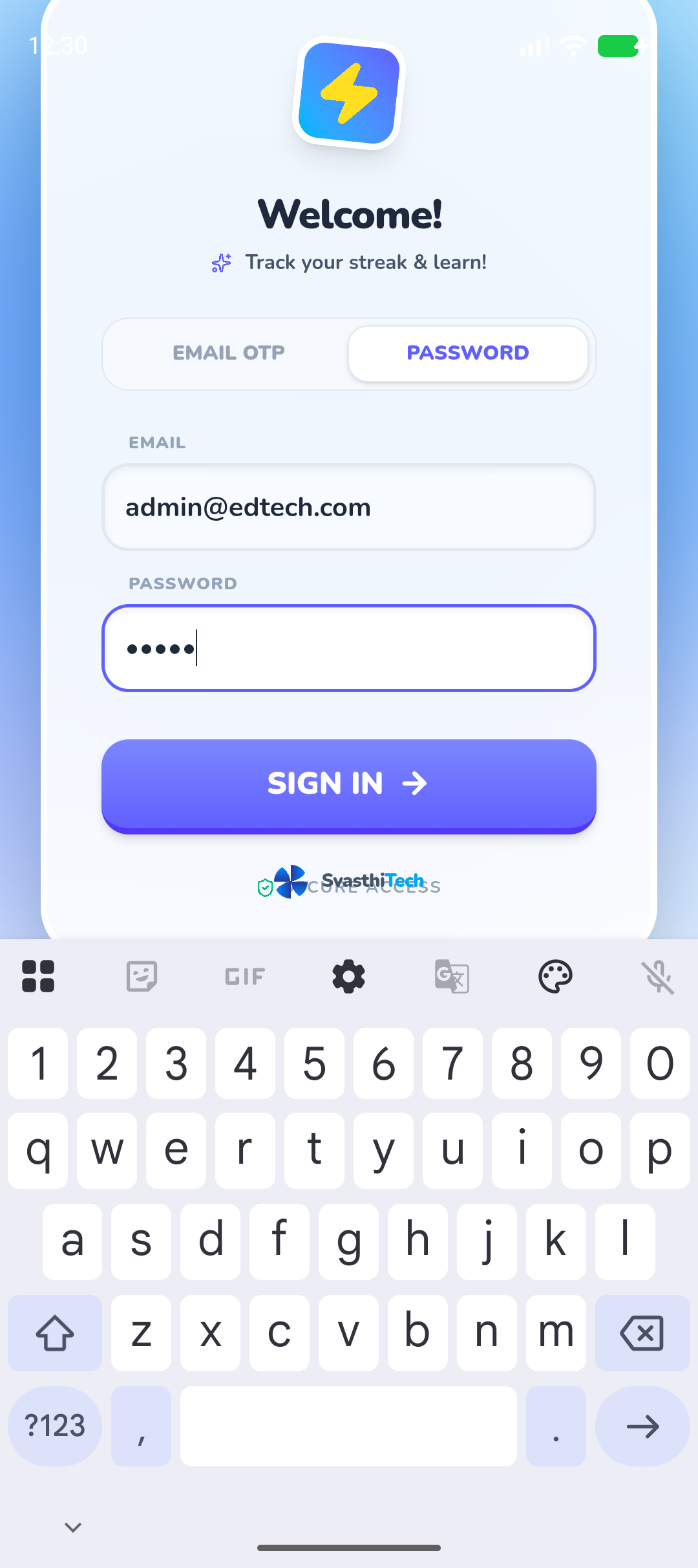 Login screen