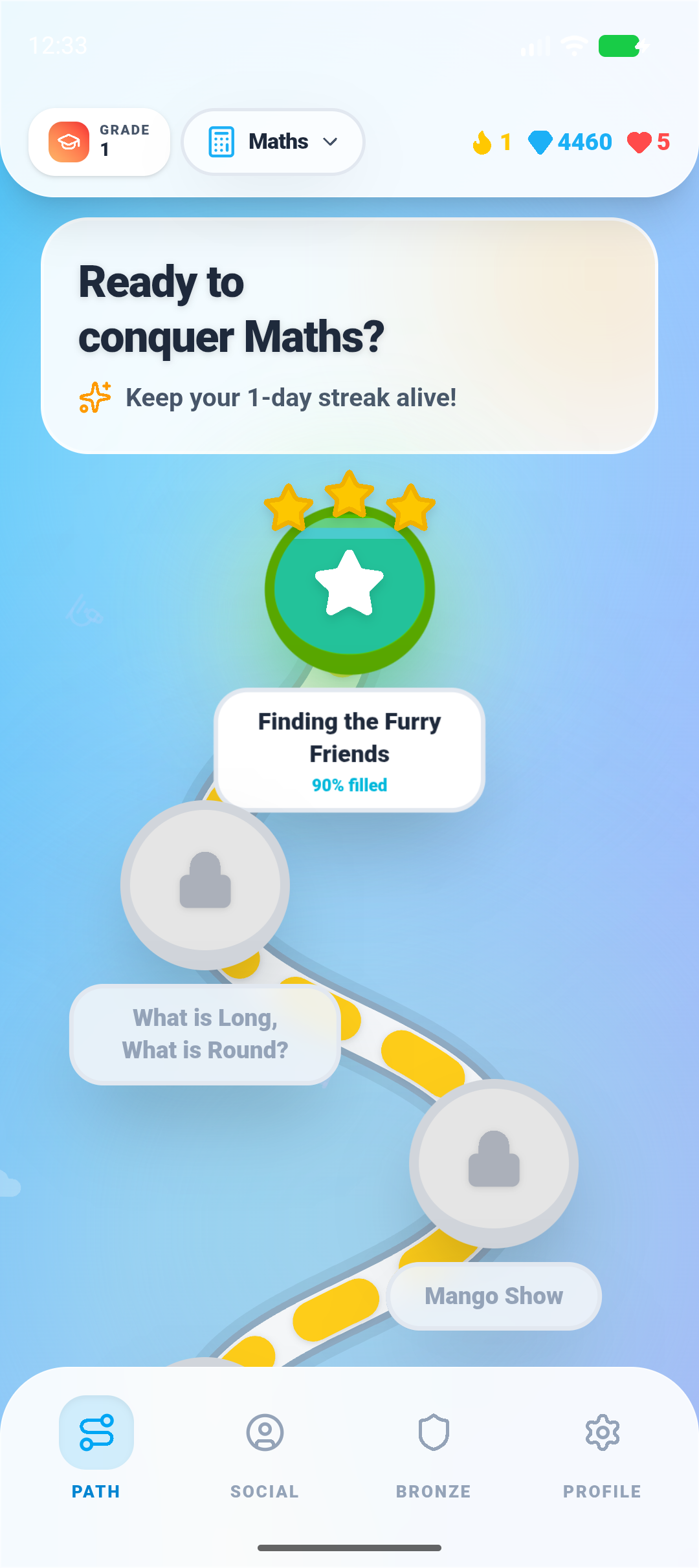 EduZone learning path showing a winding cosmic map with chapter nodes, hearts, XP and streak counters