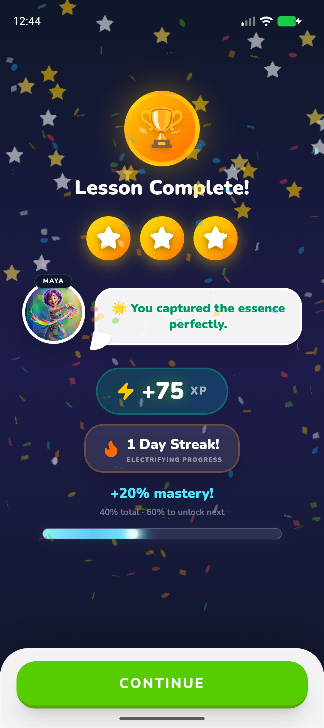 EduZone lesson complete celebration with 3 stars earned and mastery progress