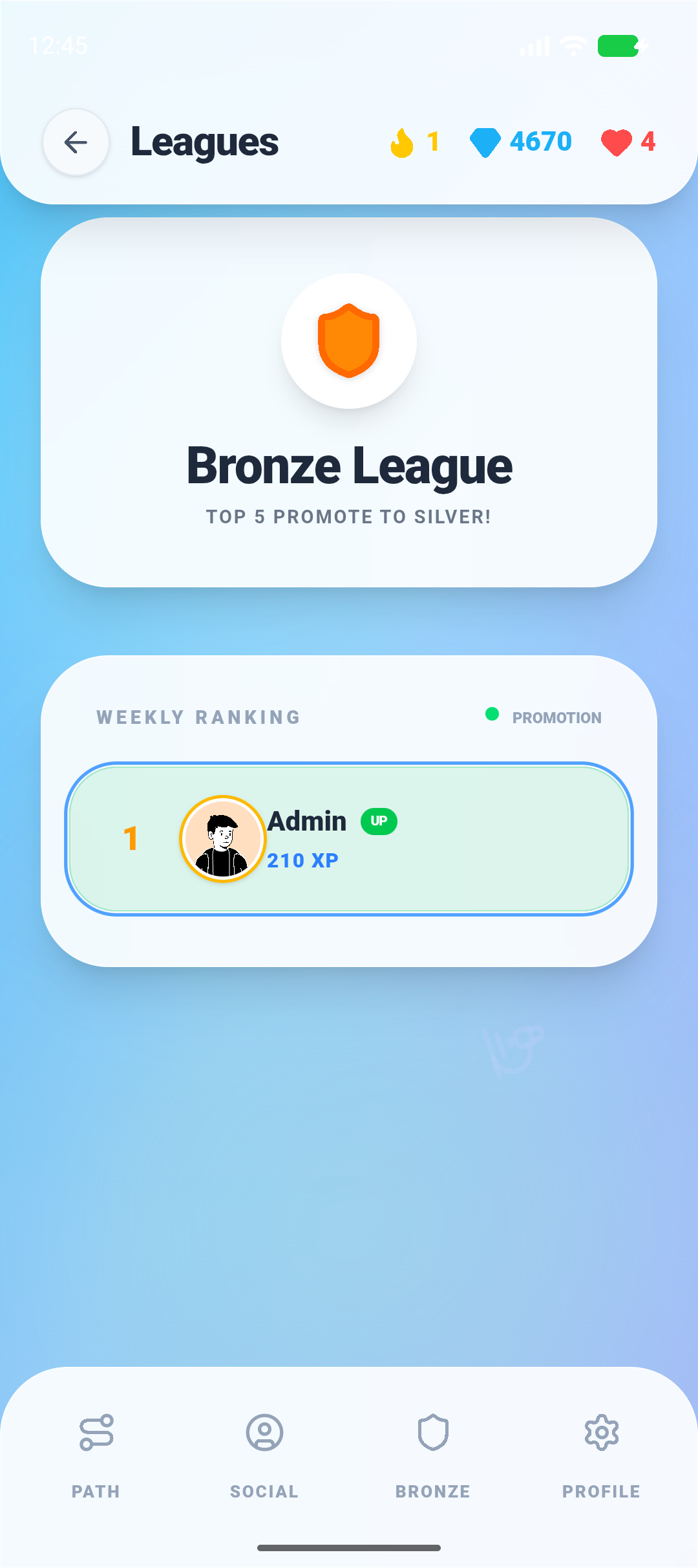 EduZone weekly league leaderboard showing player rankings with XP scores and league badges